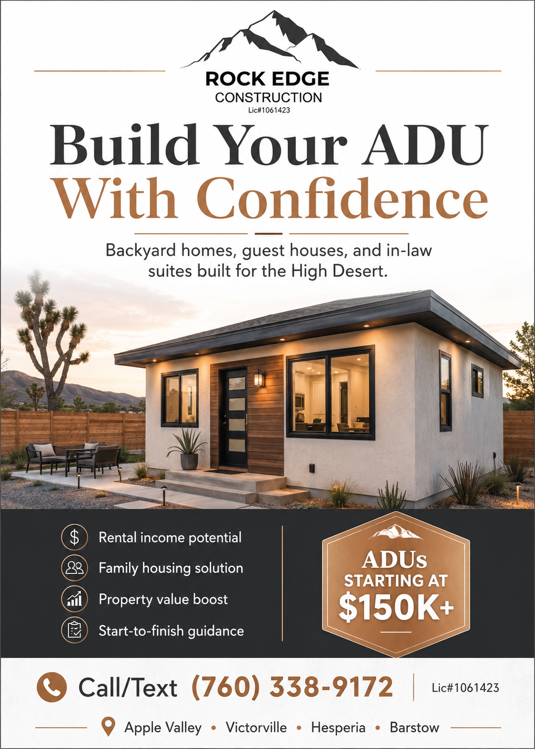ADU advertising flyer for Rock Edge Construction