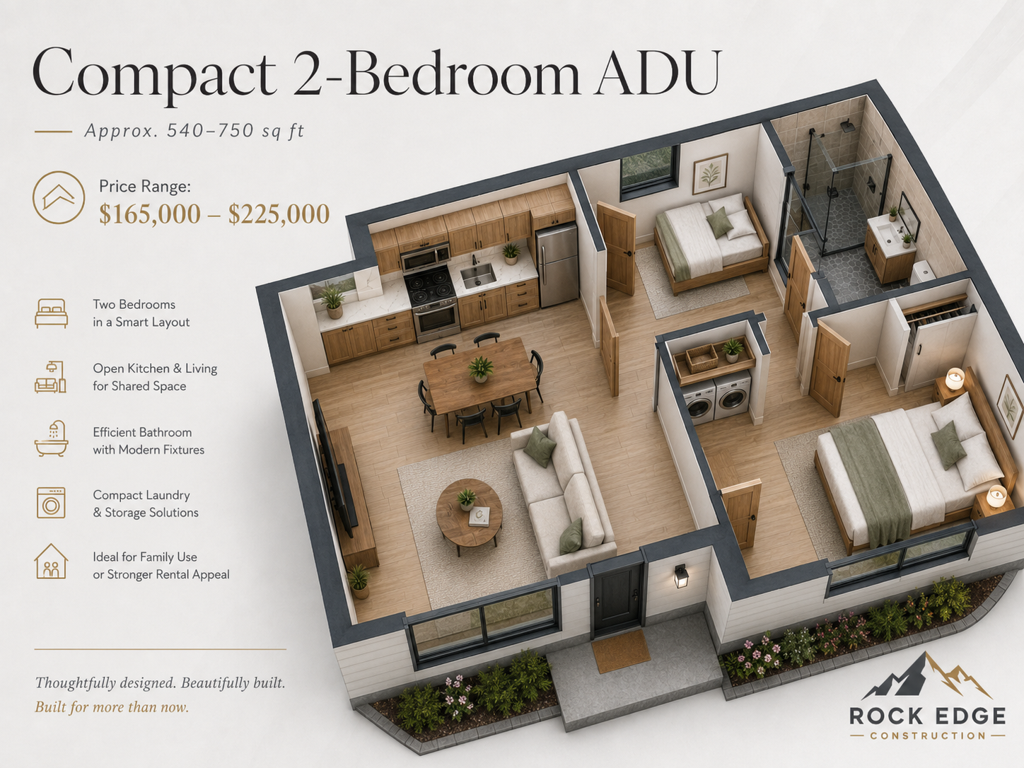 Compact two-bedroom ADU floor plan model